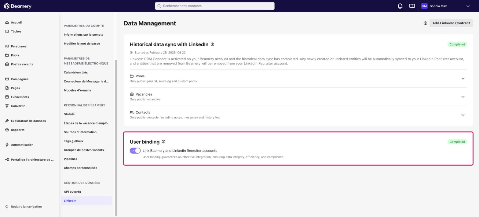 Section User binding activée sur la page Data Management