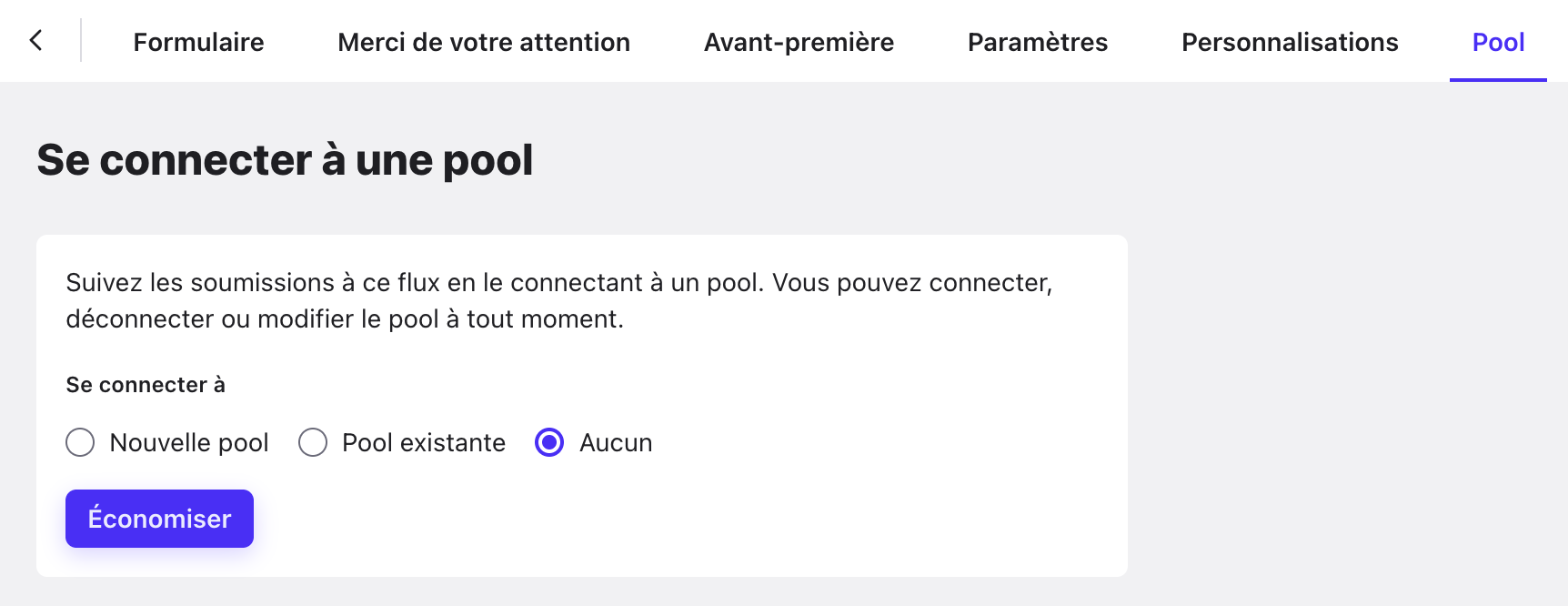 Onglet Pool : options Nouvelle pool, Pool existante et Aucun