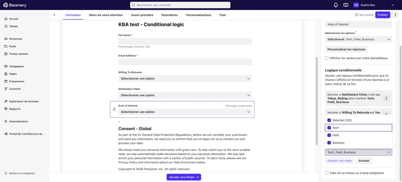 Liste des options affichées lorsque la règle est remplie