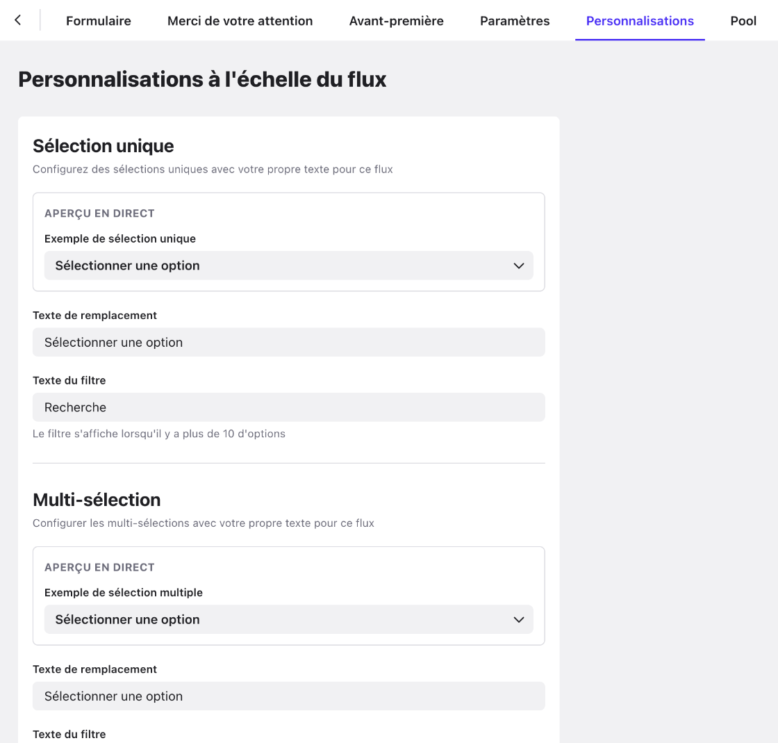 Onglet Personnalisations : sections Sélection unique et Multi-sélection