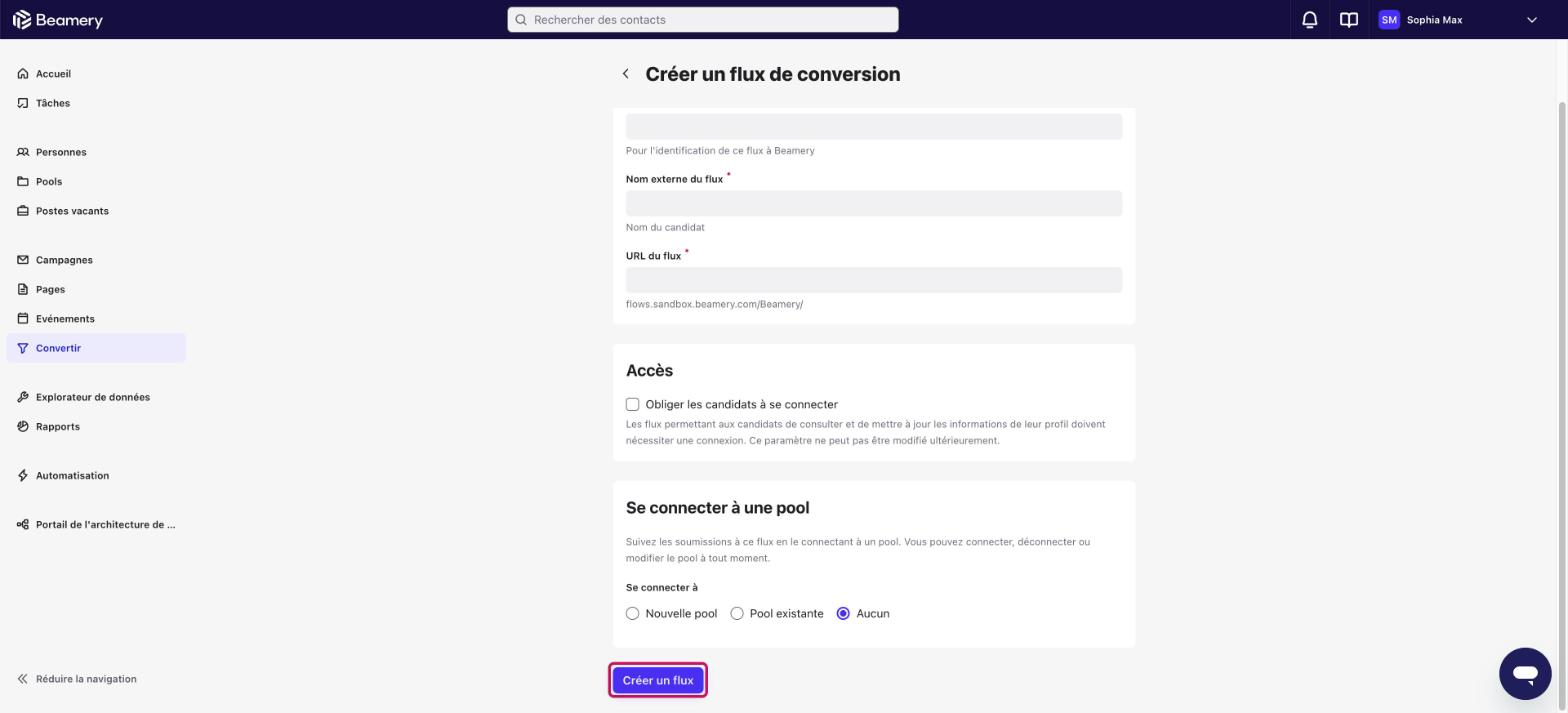 Page Créer un flux de conversion avec le bouton Créer un flux mis en évidence