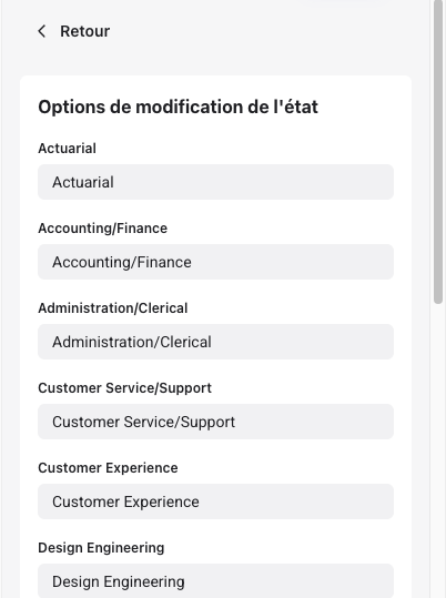 Panneau Options de modification de l’état pour personnaliser le libellé des réponses