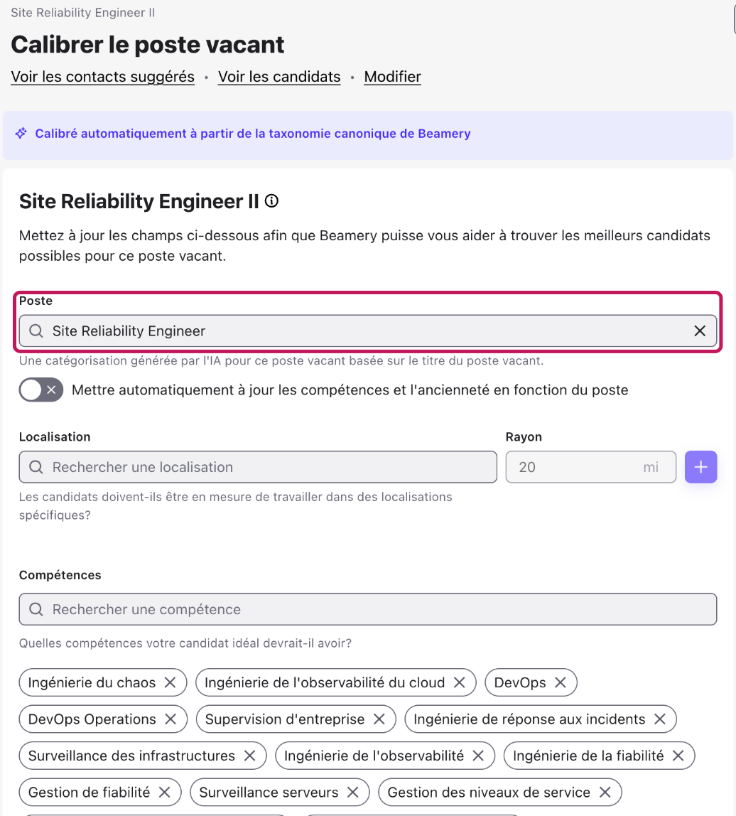 Page Calibrer le poste vacant avec le champ Poste mis en évidence