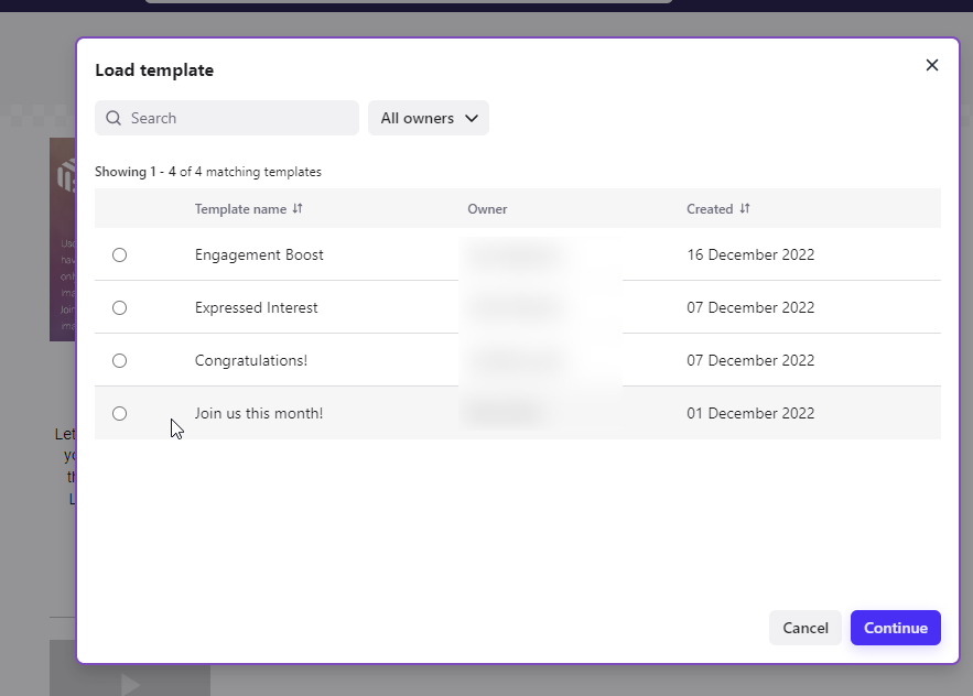 Fenêtre « Load template » listant les modèles enregistrés
