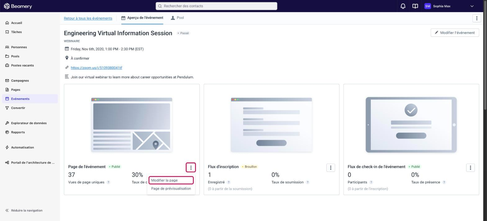 Page Aperçu de l’événement avec le bouton à points de suspension verticaux de la carte Page de l’événement et l’option « Modifier la page » encadrés