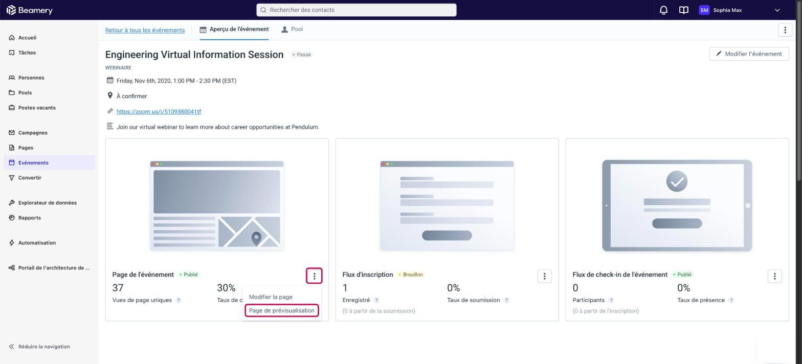 Carte Page de l’événement avec l’option « Page de prévisualisation » encadrée