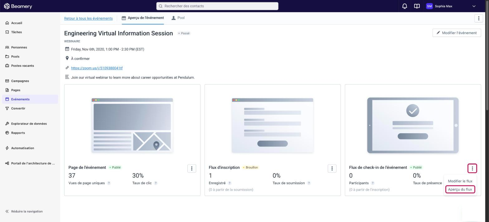 Carte Flux de check-in de l’événement avec l’option « Aperçu du flux » encadrée