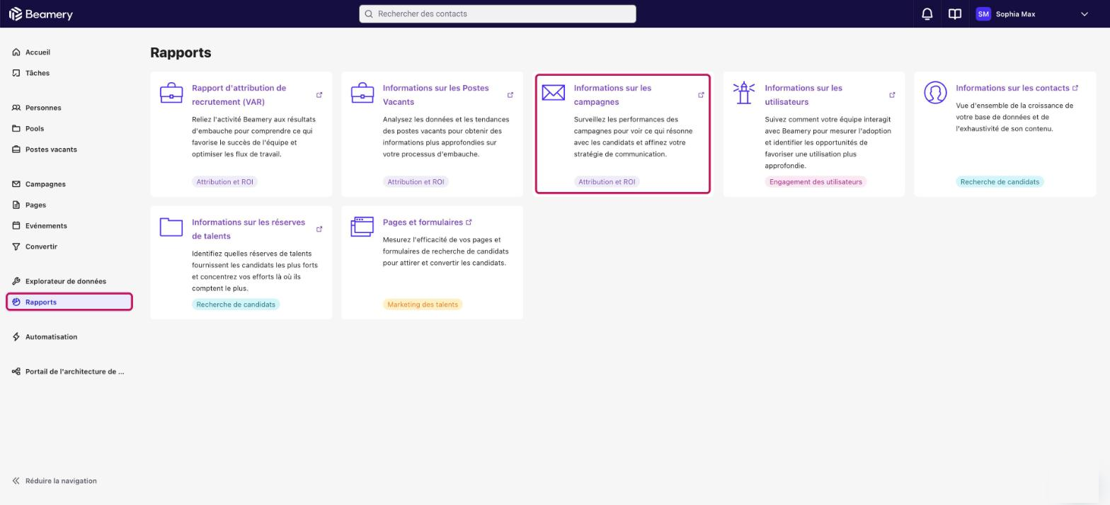 Page Rapports avec l’entrée Rapports du menu et la carte « Informations sur les campagnes » encadrées