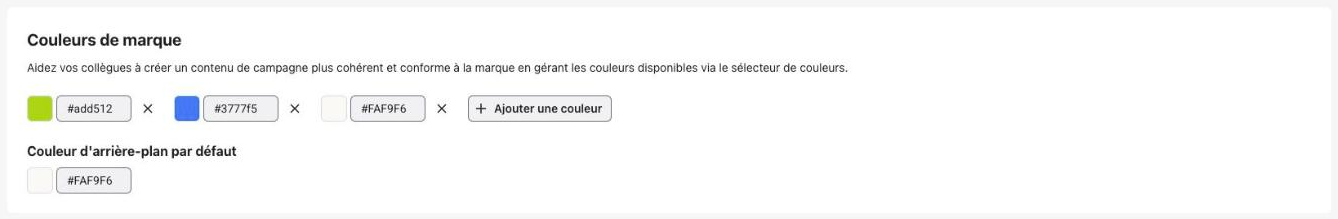 Section Couleurs de marque de la page Paramètres des campagnes