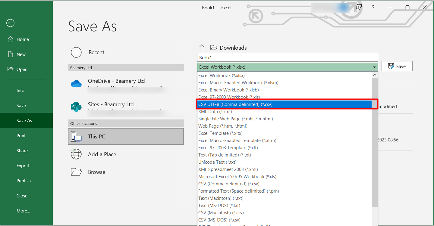 Fenêtre « Enregistrer sous » d’Excel avec le type de fichier « CSV UTF-8 » encadré