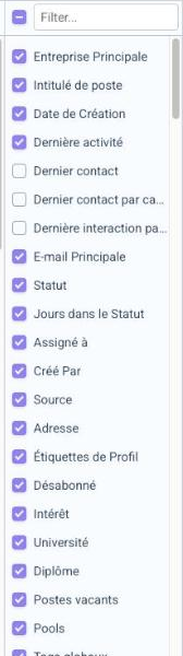 Liste des colonnes disponibles avec leurs cases à cocher et le champ de filtre