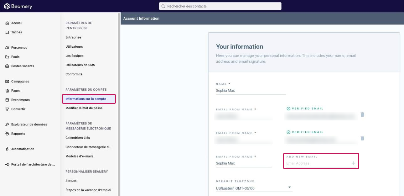 Page « Informations sur le compte » avec le champ « Add new email » encadré