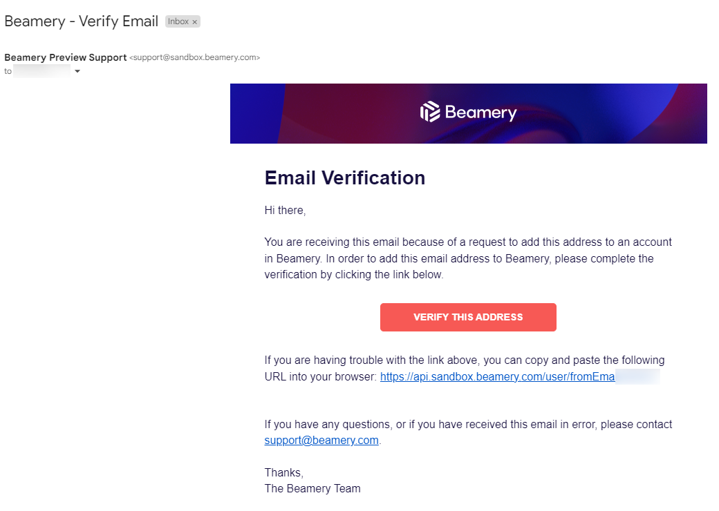 E-mail de vérification Beamery avec le bouton « Verify this address »
