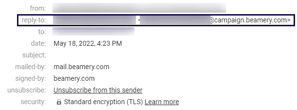 En-têtes d'un e-mail de campagne montrant l'adresse de réponse unique générée sur campaign.beamery.com