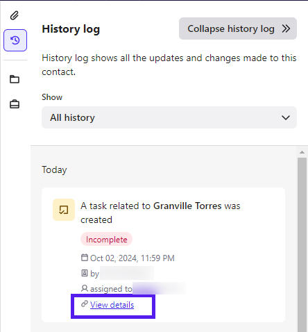 Historique du contact affichant une tâche créée avec le lien « View details »
