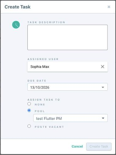 Fenêtre « Create Task » avec la description, l'utilisateur assigné, la date d'échéance et l'option Pool sélectionnée