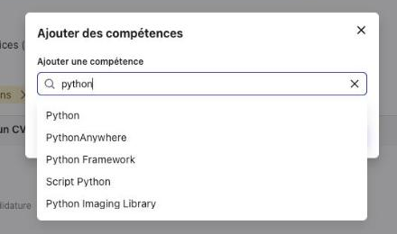 Fenêtre « Ajouter des compétences » avec la liste des compétences correspondant à la recherche