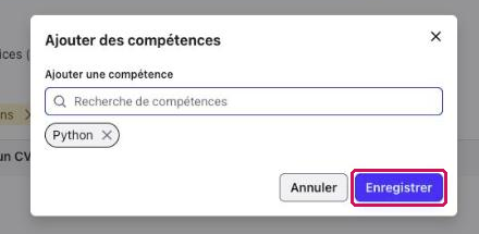 Compétence sélectionnée dans la fenêtre « Ajouter des compétences » avec le bouton « Enregistrer » encadré