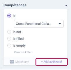 Filtre « Compétences » appliqué avec le bouton « + Add additional » encadré