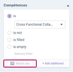 Filtre « Compétences » avec le bouton « Match any » encadré
