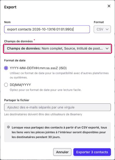 Fenêtre « Export » avec le champ « Champs de données » encadré
