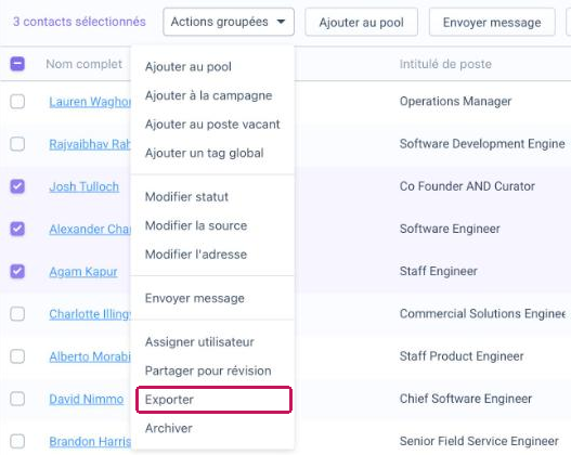 Menu « Actions groupées » ouvert avec l'option « Exporter » encadrée