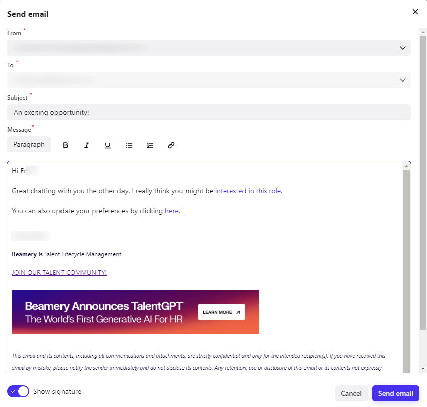 Fenêtre d'envoi d'un e-mail 1:1 contenant un lien vers le Preference Center