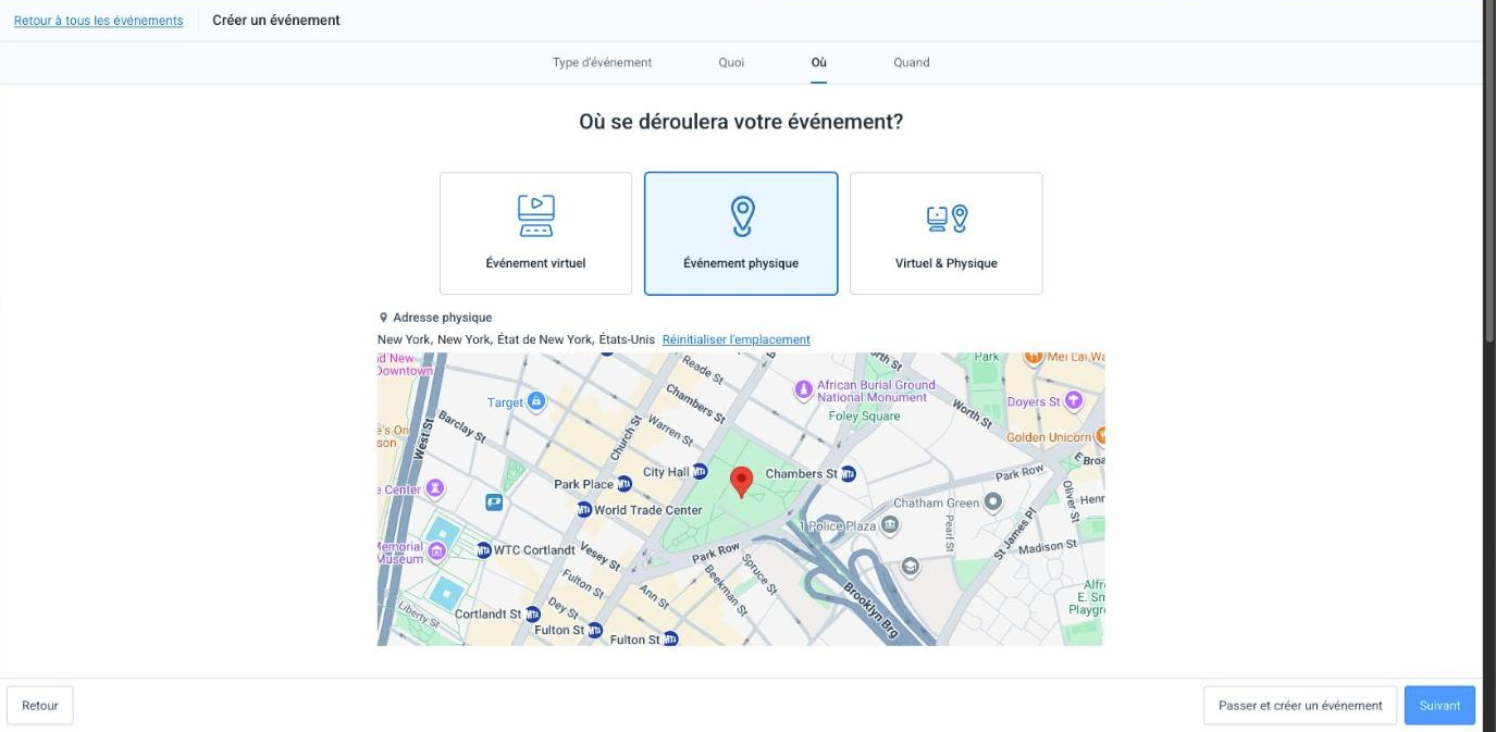Étape « Où » avec le lieu sélectionné et l'aperçu de la carte