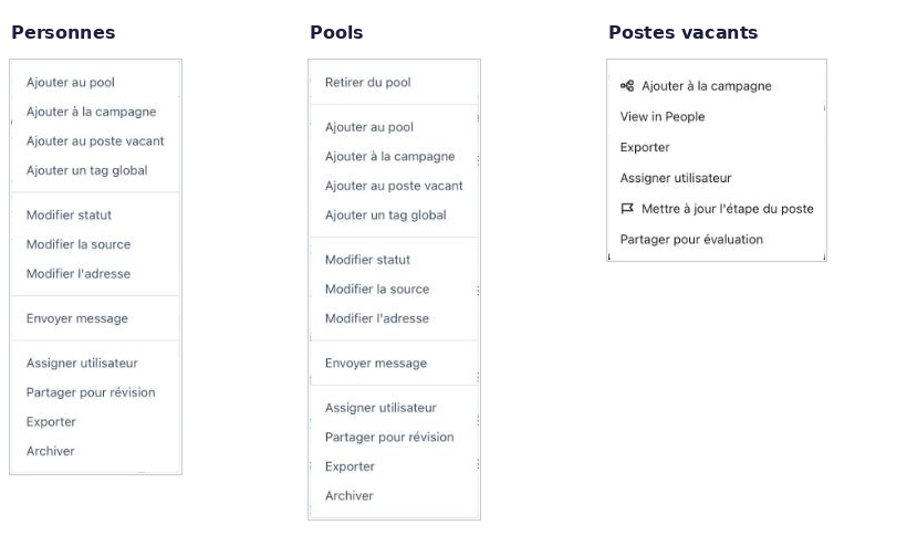 Menus « Actions groupées » disponibles dans les vues Personnes, Pools et Postes vacants