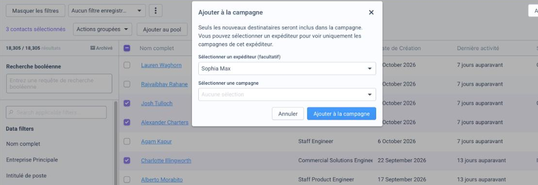 Fenêtre « Ajouter à la campagne » ouverte pour trois contacts sélectionnés