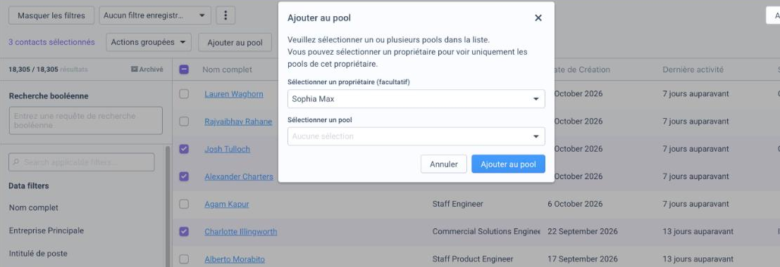 Fenêtre « Ajouter au pool » ouverte pour trois contacts sélectionnés