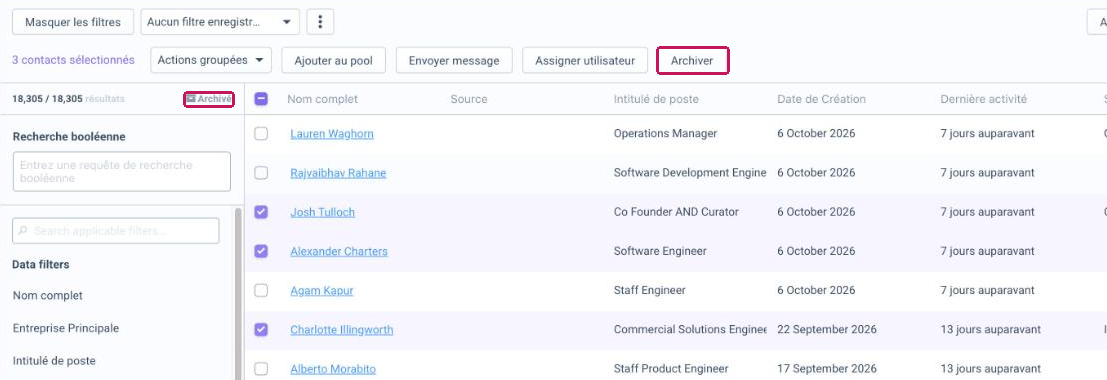 Contacts sélectionnés avec le bouton « Archiver » et le lien « Archivé » encadrés