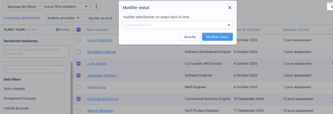 Fenêtre « Modifier statut » ouverte pour trois contacts sélectionnés