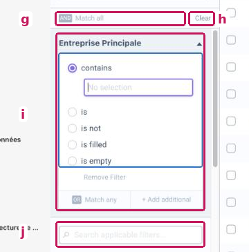 Paramètres de filtre du Filter Panel, avec les éléments g à j : bouton AND/OR, bouton Clear, définition des paramètres du filtre et champ de recherche des filtres