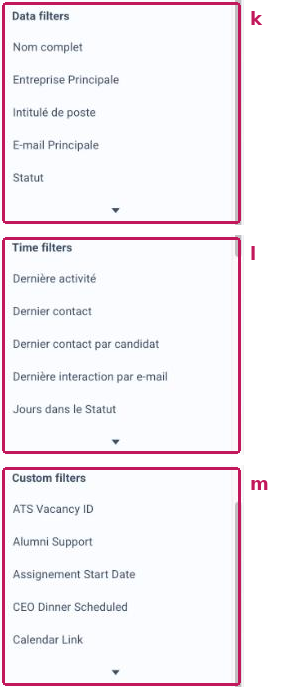 Liste des filtres du Filter Panel, avec les sections Data filters (k), Time filters (l) et Custom filters (m)