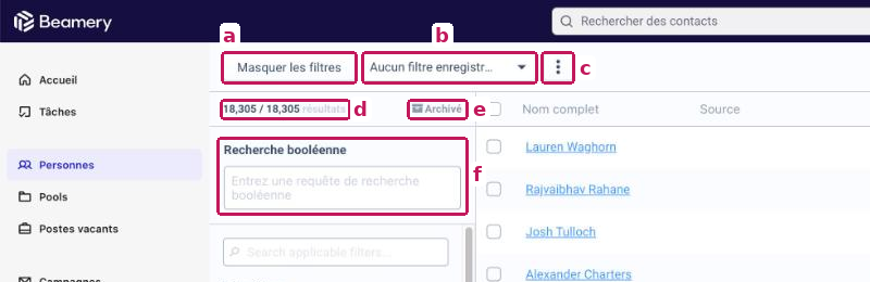 Haut du Filter Panel dans la vue Personnes, avec les éléments a à f : bouton Masquer/Afficher les filtres, sélection de filtre enregistré, menu à trois points, nombre de résultats, bouton Archivé et zone de recherche booléenne
