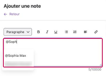 Panneau « Ajouter une note » : saisie de « @ » suivi d'un nom pour identifier un collègue, avec la liste des utilisateurs suggérés