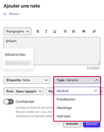 Liste déroulante « Type » ouverte dans le panneau « Ajouter une note », avec les options Général, Présélection, Dépistage et Interview