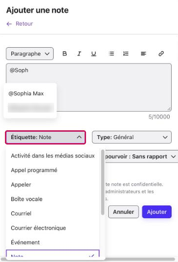 Liste déroulante « Étiquette » ouverte dans le panneau « Ajouter une note », avec les étiquettes d'activité disponibles