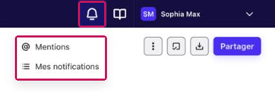 Menu des notifications ouvert depuis l'icône en forme de cloche, avec les options Mentions et Mes notifications