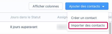 Menu « Ajouter des contacts » ouvert dans la grille Personnes, avec l'option « Importer des contacts » encadrée