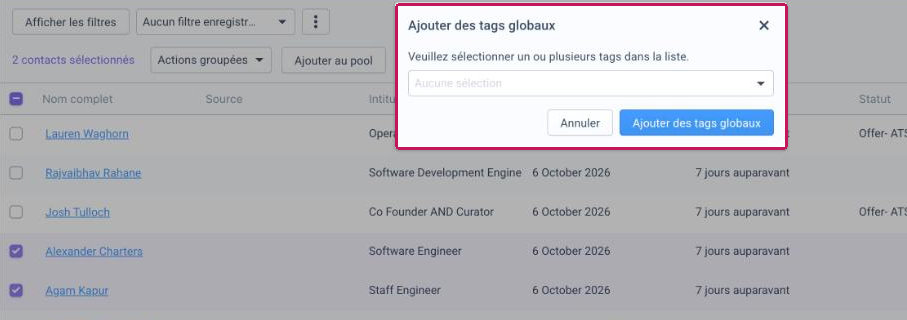 Fenêtre « Ajouter des tags globaux » avec la liste déroulante des tags et les boutons Annuler et Ajouter des tags globaux