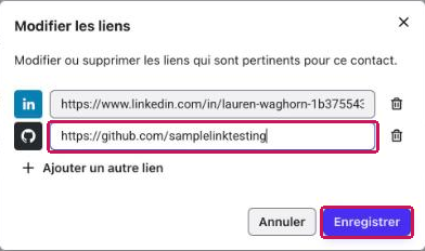 Fenêtre « Modifier les liens » avec un nouveau champ d'URL renseigné et le bouton « Enregistrer » encadrés