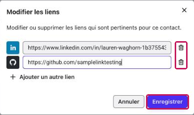 Fenêtre « Modifier les liens » avec les icônes de corbeille permettant de supprimer un lien et le bouton « Enregistrer » encadrés