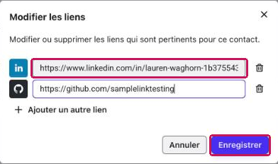 Fenêtre « Modifier les liens » avec un lien existant à modifier et le bouton « Enregistrer » encadrés