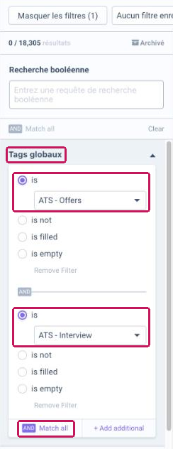 Filter Panel de la grille Personnes avec le filtre « Tags globaux » appliqué à deux tags, et l'option Match all encadrée