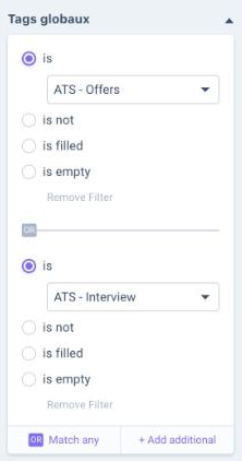 Filtre « Tags globaux » avec deux tags reliés par OR (Match any) : les contacts peuvent correspondre à n'importe lequel des tags