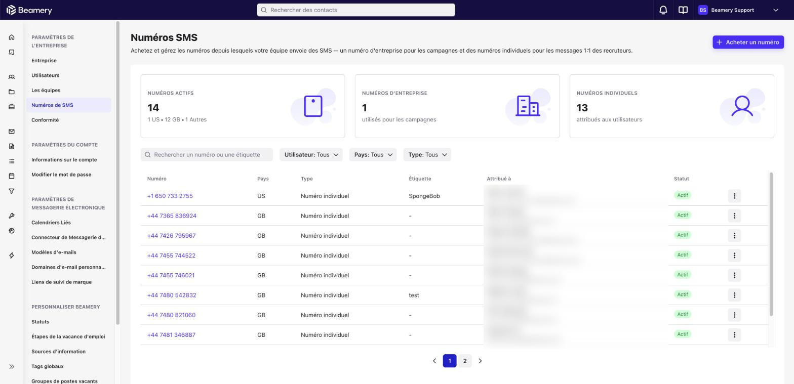 Page Numéros de SMS avec le bouton Acheter un numéro et les totaux de numéros actifs, numéros d’entreprise et numéros individuels