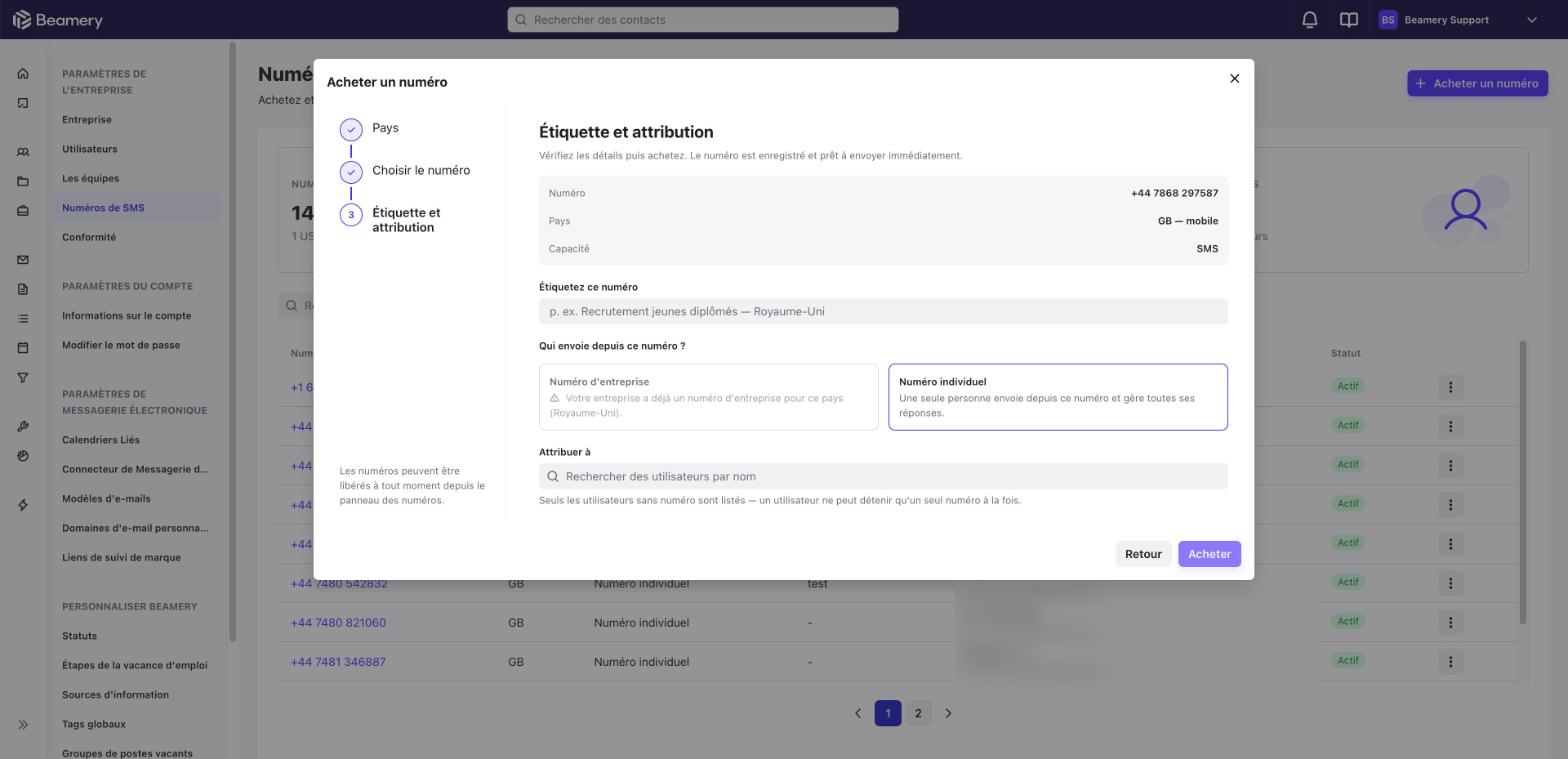 Étape Étiquette et attribution avec les options Numéro d’entreprise et Numéro individuel, et le champ Attribuer à