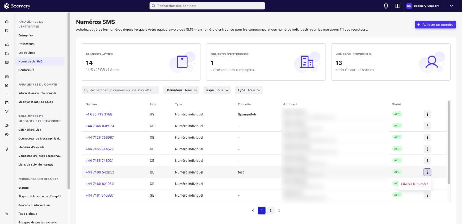 Menu à trois points d’un numéro avec l’option Libérer le numéro